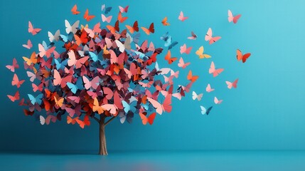 Colorful Paper Butterflies Forming a Tree Against a Blue Background for Cheerful Imagery and Design Inspiration