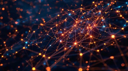 Obraz premium Abstract Network Connection Background: Glowing Orange & Blue Nodes with Interconnected Lines, Data Visualization, Technology Concept