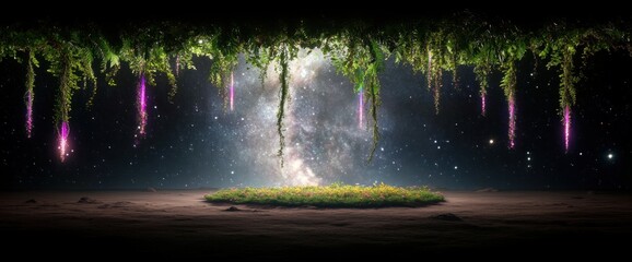 Mystical, otherworldly garden glowing with celestial energy