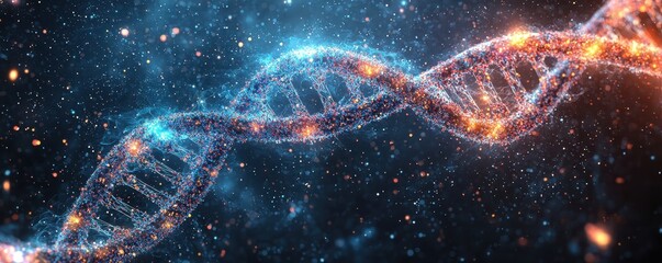 National DNA day with biology and molecular concept. Abstract DNA strand in a cosmic background with glowing particles.