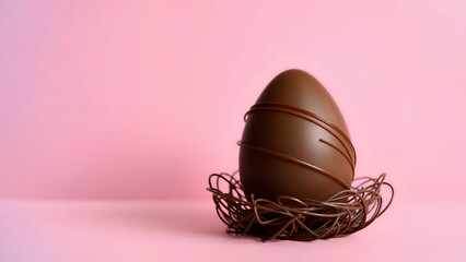 Easter egg basket nest, chocolate egg plain background. Easter theme background pink, Chocolate egg texture. Easter hunt, Easter celebration. Facebook, Instagram, TikTok Social Media post
