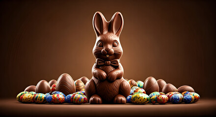 Easter bunny, surrounded by chocolate eggs. Brown background. Easter theme background, Chocolate texture bunny. Easter hunt, Easter celebration. Facebook, Instagram, TikTok Social Media post