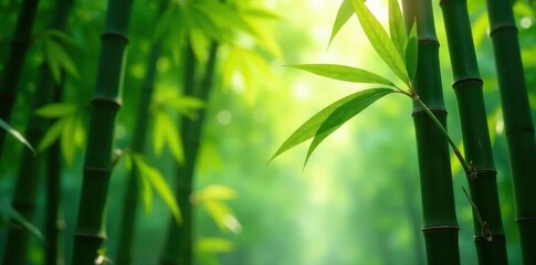 Lush green bamboo stalks, dappled sunlight filters through leaves , ecology, plants