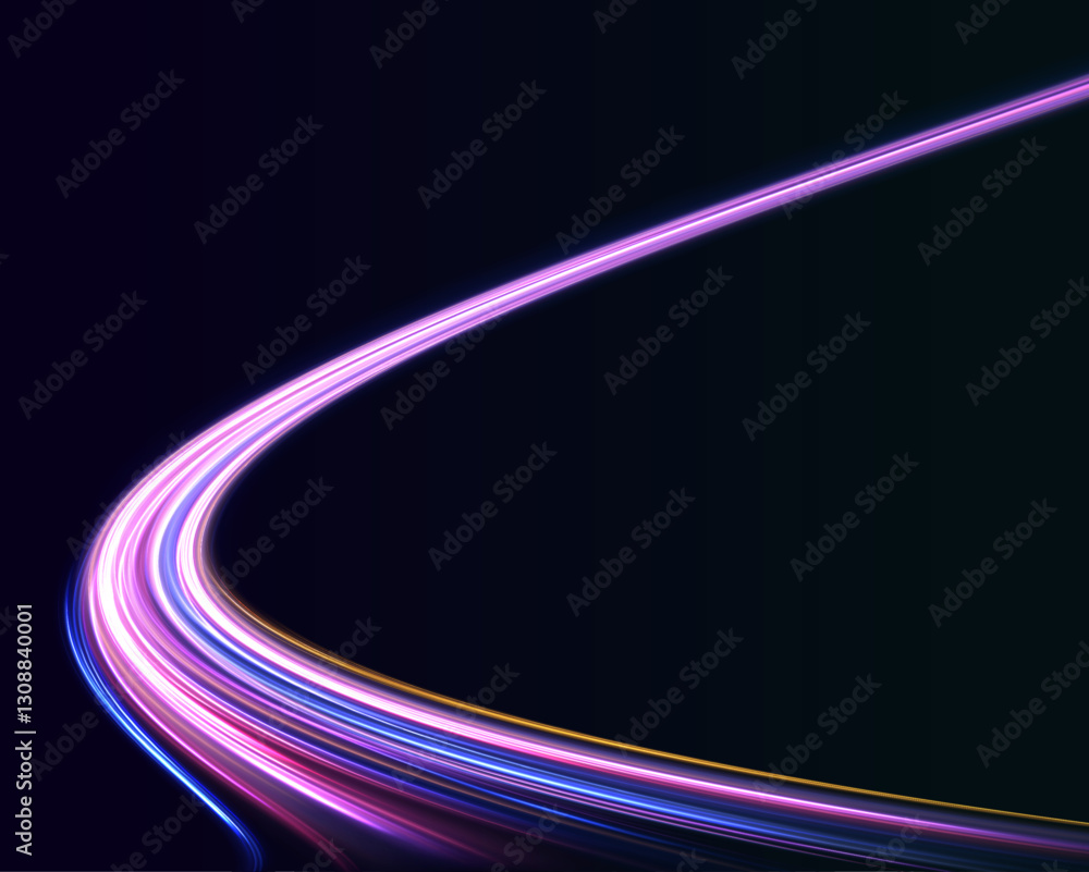 Poster Neon futuristic network technologies on dark background with movement and speed effect. Long exposure, light painting photography. Vector glitter light fire flare trace.	