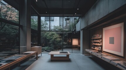 Modern minimalist bookstore with a tranquil interior courtyard