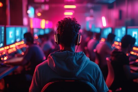 Young gamers immersed in competitive play at a vibrant esports arena during nighttime