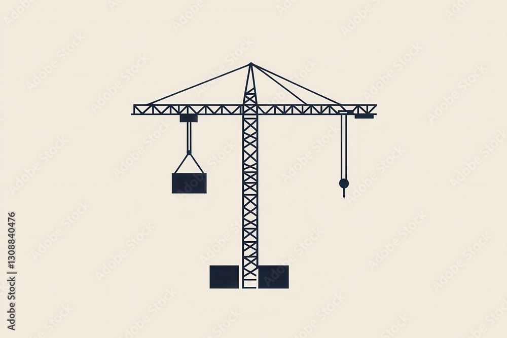 Poster minimalist construction logo featuring a silhouette of a tower crane lifting a block in modern line 