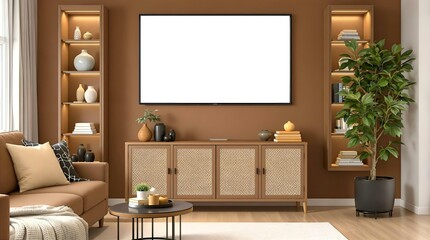 Modern Living Room Interior Design: Brown Sofa, TV, Shelves, and Rattan Cabinet for Stylish Home Decor & Cozy Atmosphere