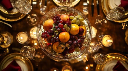 Decorative glass bowl with fruit centerpiece in lavish dining hall, candlelit glow, reflective surfaces, gold and red accents, and luxurious atmosphere, bird's-eye view.