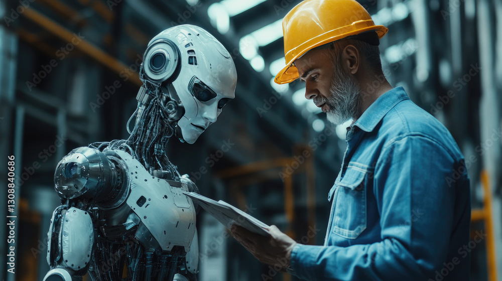 Poster ai robot engineer and a man builder inspection construction work with a robot worker