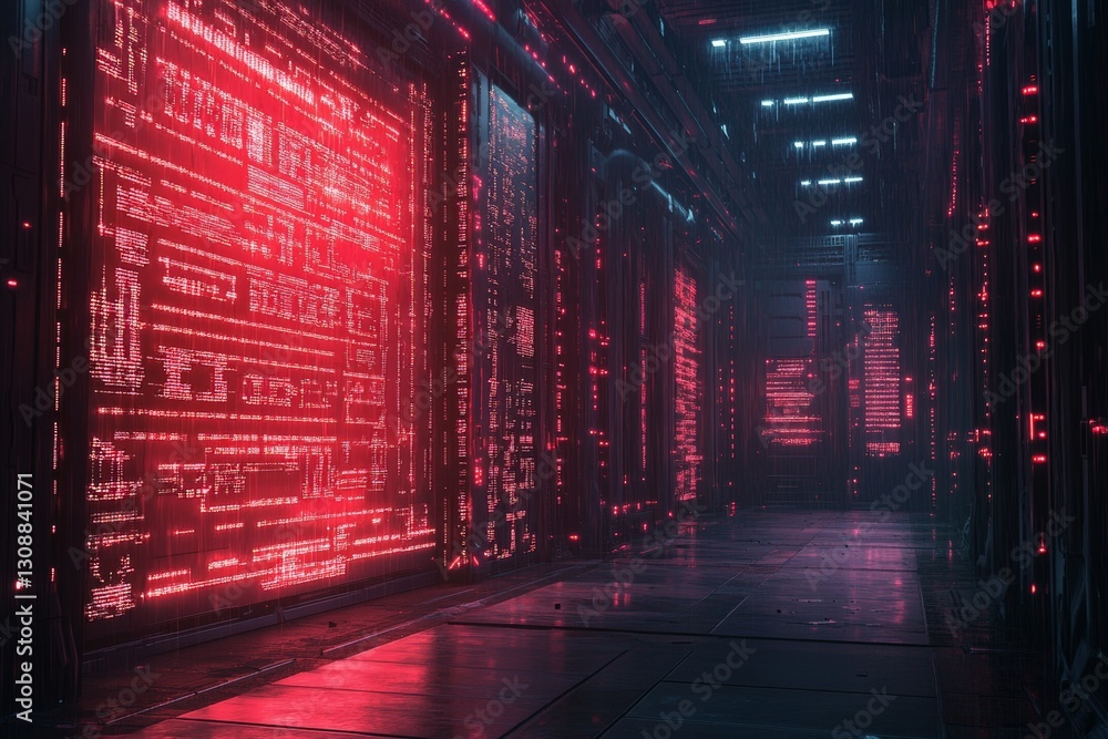 Leinwandbilder futuristic corridor with neon lights displaying digital data in a cyberpunk environment at night