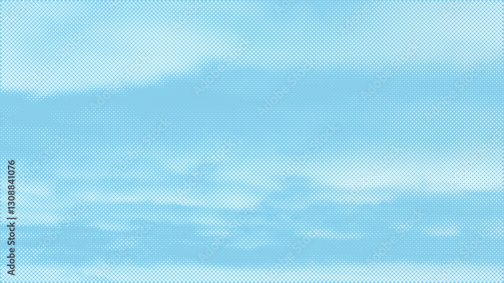 Poster blue halftone gradient pattern. retro comic book background with white clouds against blue sky. vect