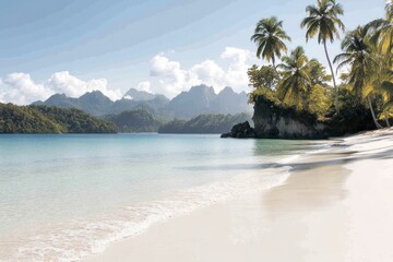Obraz premium Pristine tropical beach, turquoise water, lush foliage, dramatic mountains