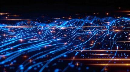 Fototapeta premium Abstract Blue Data Stream: Digital Network Visualization with Flowing Light Trails and Futuristic Technology Concept
