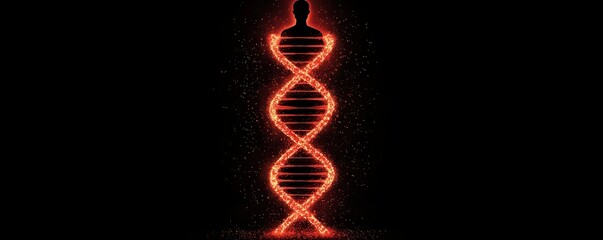 National DNA day with biology and molecular concept. DNA helix illuminated with red sparks and a silhouette above.