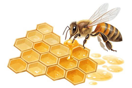 Honey Bee Flying Towards Honeycomb, Capturing the Natural Process of Pollination and Honey Production, Perfect for Wildlife and Nature Themes, Isolated on Transparent Background. AI Generated 