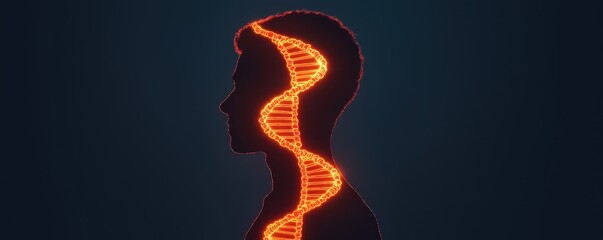 National DNA day with biology and molecular concept. Silhouette of a human head with DNA strand glowing inside.