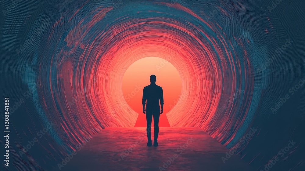 Poster man standing at a colorful tunnel entrance with a circular light in the background
