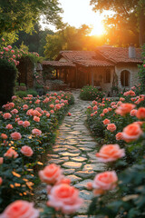 Obraz premium Charming stone pathway illuminated by golden sunlight and flanked by rose bushes