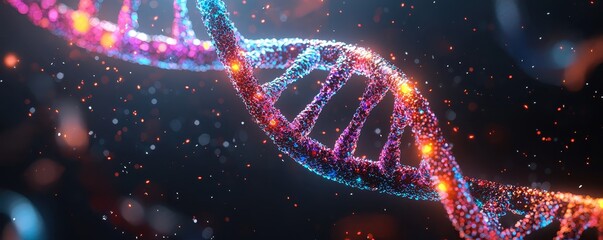 National DNA day with biology and molecular concept. Colorful DNA strand on a dark background with glowing elements.