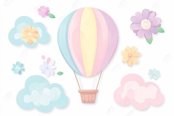 Colorful hot air balloon soaring among pastel clouds and flowers in a dreamy sky