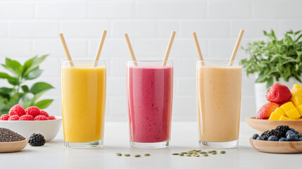 Fototapeta premium Fresh fruit smoothies in clear glasses with straws, surrounded by berries and tropical fruits, create vibrant and healthy scene