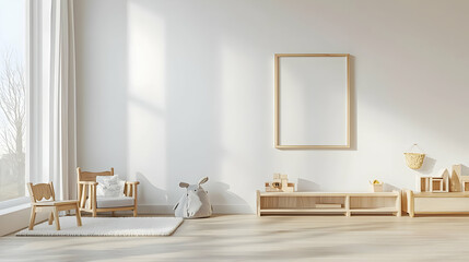 Bright Interior Of A Modern Room With Wooden Furniture and Blank Picture Frame on White Wall