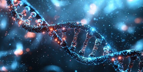 National DNA day with biology and molecular concept. DNA strand with glowing particles in a blue background.