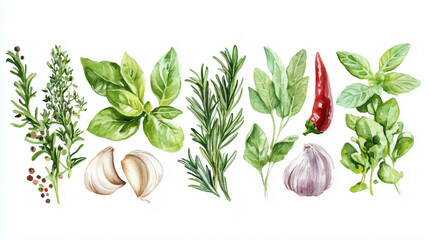 Vector illustration, watercolor painting of variety of herbs, isolated on a white background