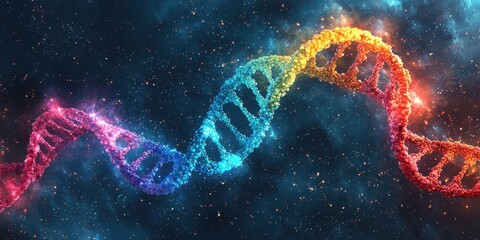National DNA day with biology and molecular concept. Colorful DNA strand in a cosmic background.