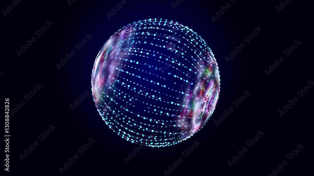 Poster Abstract technology sphere with connecting dots. Digital abstract network structure. 3D rendering. Seamless loop.