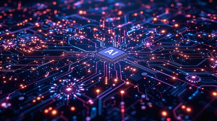 Obraz premium AI Chip: Futuristic Artificial Intelligence Microchip Circuit Board with Glowing Data Streams, Abstract Tech Concept, High-Tech Innovation