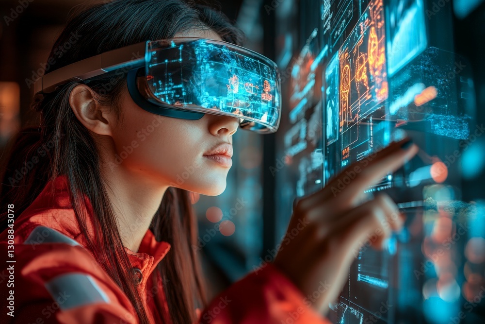 Aufkleber engaging with virtual reality technology in a high-tech environment at night