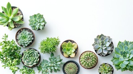 A collection of various succulent plants in pots arranged on a light background.