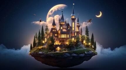 Magical floating castle at night