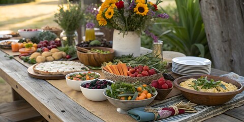 Fototapeta premium Plant Based Vegan Healthy Food Concept. Abundant Vegan Farm-to-Table Spread: A feast for the eyes and soul, showcasing fresh, vibrant plant-based delights.