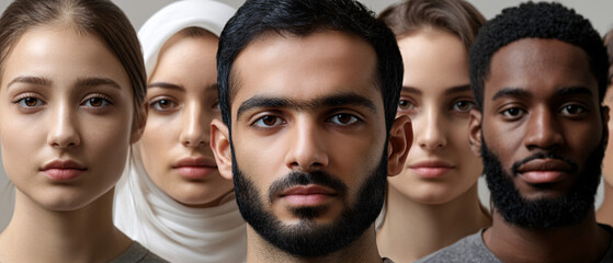 diverse group of people facing forward with neutral expressions and soft lighting creating balance
