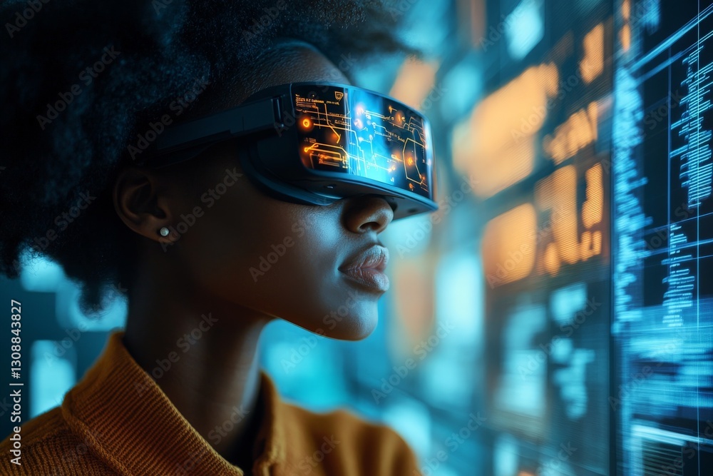 Aufkleber woman using virtual reality headset while interacting with digital elements in a modern environment