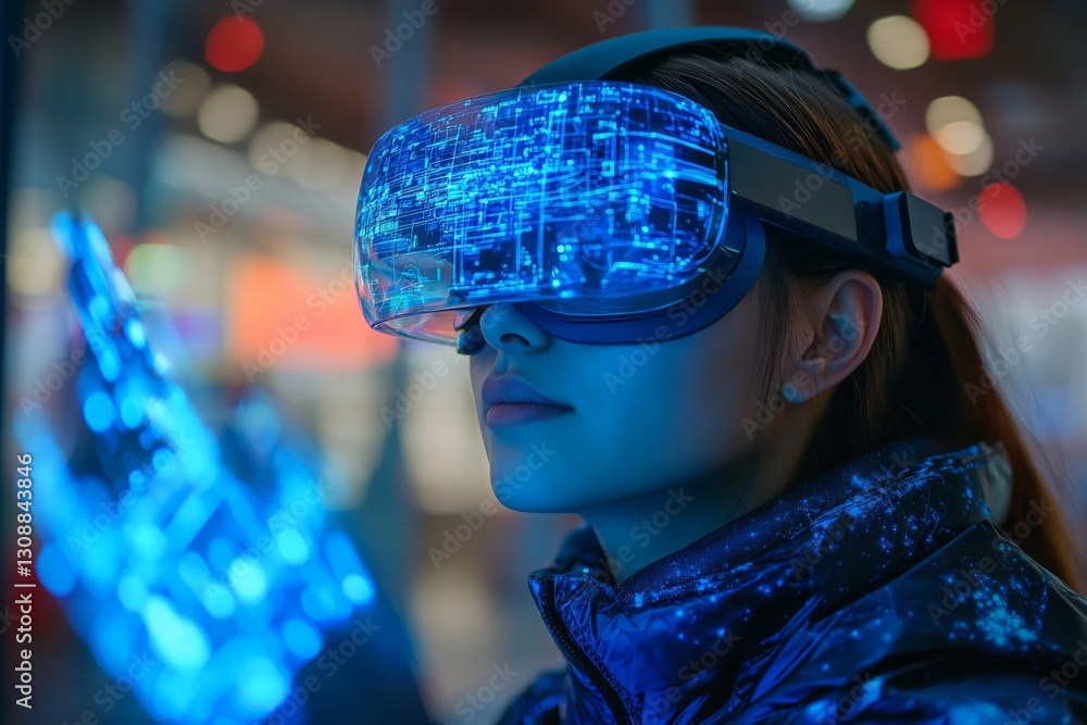 Poster user engages with virtual reality technology while wearing a headset and glowing gloves in a futuris