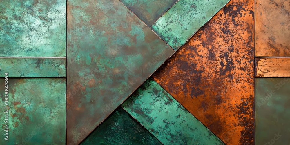 Aufkleber abstract metal texture with geometric patterns in rusty and turquoise tones