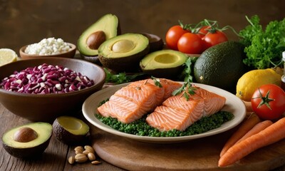 Vibrant and Healthy Food Composition with Salmon, Avocado and Fresh Vegetables Arrangement for Balanced Diet Meal