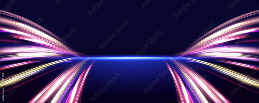 Poster Futuristic high-speed light motion and abstract blue streaks represent the advancement of 5G and beyond technologies. Fiber optics and wireless data transmission enable faster connectivity.