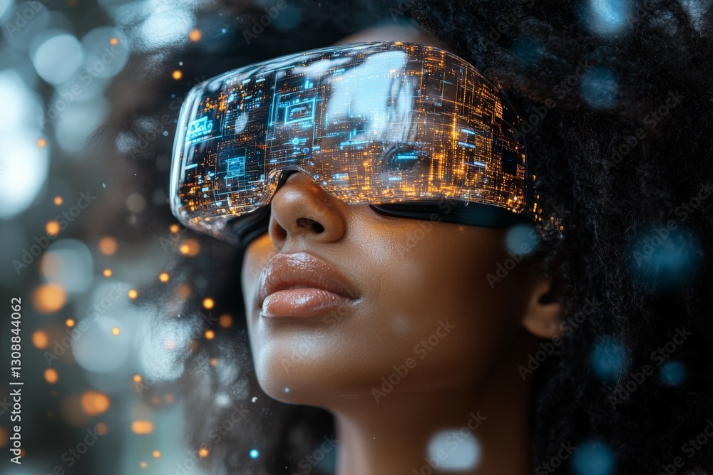 Aufkleber exploring virtual reality technology with immersive goggles in a modern environment