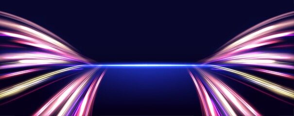 Futuristic high-speed light motion and abstract blue streaks represent the advancement of 5G and beyond technologies. Fiber optics and wireless data transmission enable faster connectivity.