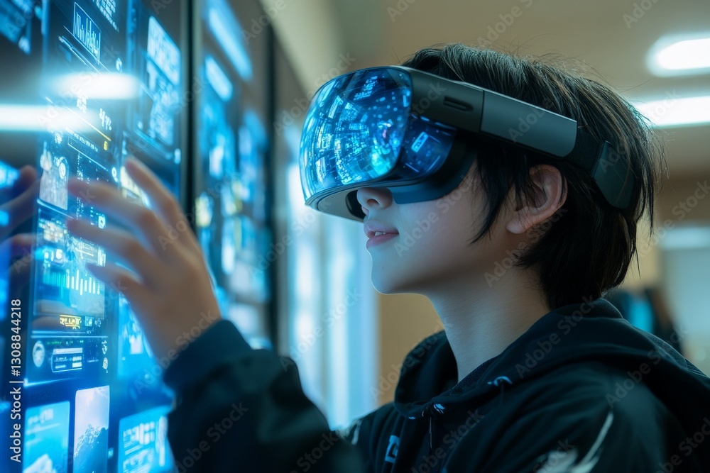 Poster Child engages with virtual reality interface in a modern tech lab environment during a daylight exploration session