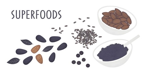 Obraz premium Plant Based Vegan Healthy Food Concept. Nourishing Superfoods: Almonds, seeds, berries—a vibrant flatlay showcasing nature's best.