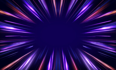 Panoramic high speed technology concept, light abstract background. Image of speed motion on the road. Abstract background in blue and purple neon glow colors.	