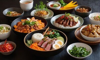 Delicious and Colorful Asian Cuisine Variety, A Culinary Feast Displayed Elegantly on a Dark Background