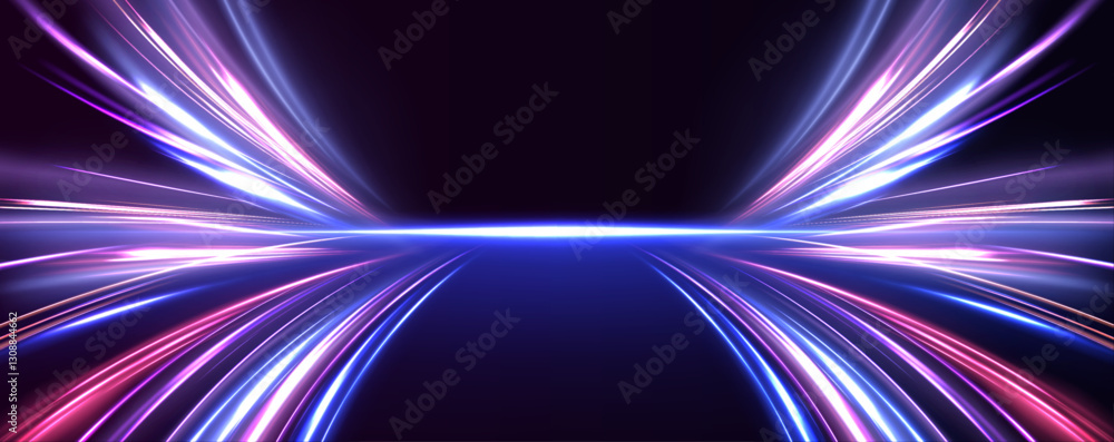Aufkleber Cyberpunk light trails in motion or light slow shutter effect. Acceleration speed motion on night road. Bright sparkling background. Panoramic high speed technology concept, light abstract background.