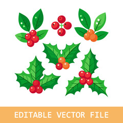 Christmas holly berries flat pattern border. Vector illustration set